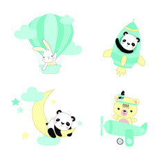 Vector set of illustrations for the boy. Animals in transport. A hare in a balloon, a panda is sleeping on the moon, a panda in a rocket, a bear in an airplane. Cartoon animals.