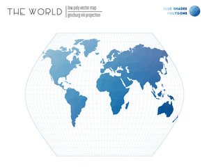 Fototapeta na wymiar Triangular mesh of the world. Ginzburg VIII projection of the world. Blue Shades colored polygons. Trending vector illustration.