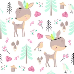 Papier peint Petit cerf Modèle de forêt de vecteur avec des bébés cerfs. Animaux de la forêt. Cerf de bébé de dessin animé.