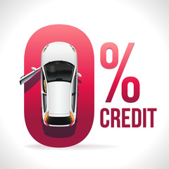 White car with an open driver’s door in the form of a zero rate on a car loan. Vector blank on a white background top view.