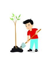 boy plants a tree. Vector illustration.