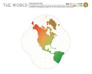 Vector map of the world. Modified stereographic projection for the conterminous United States of the world. Red Yellow Green colored polygons. Amazing vector illustration.
