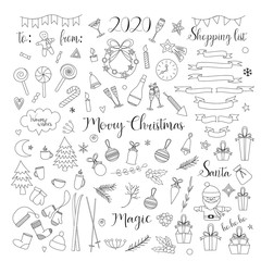 Merry Christmas black and white set. Hand drawn poster with doodle Christmas elements. Coloring book page. Vector illustration 