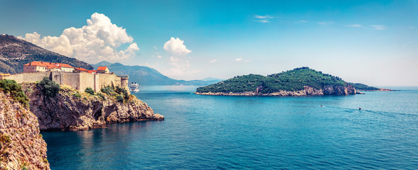 Panoramic morning view of famous Fort Bokar in city of Dubrovnik. Captivating summer seascape of...