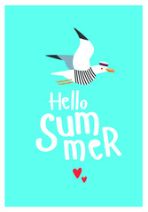 "Hello summer" vector typographic poster. The seagull is flying.