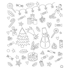 Merry Christmas black and white set. Hand drawn poster with doodle Christmas elements. Coloring book page. Vector illustration 
