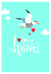Vector typographic poster "I love travel." The seagull is flying.