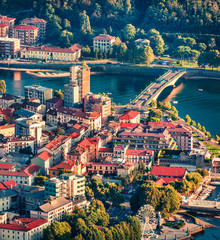 Obraz premium Colorful summer scene of Como lake. Aerial evening cityscape of Lecco town with central square, Italy, Europe. Traveling concept background.