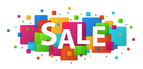 Sale concept. Modern colored squares glitter abstract isolated on white. Colorful particles pattern concept. Background design for presentation, poster, flyer, cover, brochure, banner. Vector