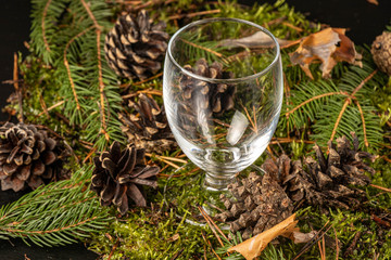 Empty transparent glass on a background of fir branches and cones. After the Christmas party.