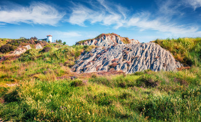 Amazing spring landscape of dune on Xi Beach. Colorful morning scene of Cephalonia island, Greece, Europe.  Traveling concept background.