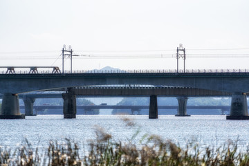 train track bridge over bukhangang river