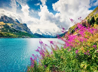 Peel and stick wall murals Destinations Nice morning view of Fedaia lake. Attractive summer scene of Dolomiti Alps, Trentino-Alto Adige/Sudtirol region, Italy, Europe. Beauty of nature concept background.