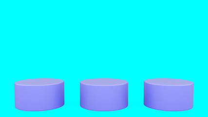 Three cylindrical podiums blue scene minimal 3d rendering modern minimalistic mock up, blank template, empty showcase