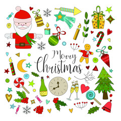 Hand drawn set with doodle Christmas elements.  Vector illustration.