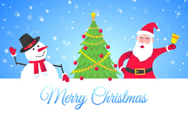 Fototapeta na wymiar Santa Claus and snowman flat style design vector illustration postcard. Symbol of xmas holiday celebration isolated on bright snow background wish you a merry christmas and happy new year.