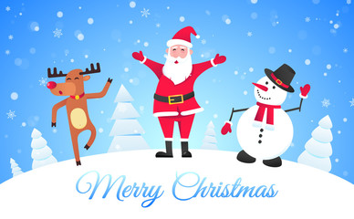 Santa Claus, reindeer and snowman flat style design vector illustration postcard. Symbol of xmas holiday celebration isolated on bright snow background wish you a merry christmas and happy new year.
