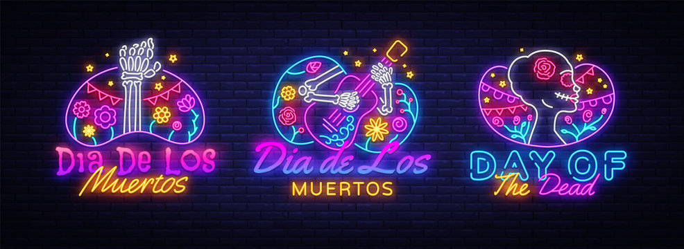 Day of the dead Neon signs set Vector. Dia de los moertos neon icons collection. Fiesta, holiday poster, party flyer, greeting card, design template, modern trend design. Vector illustration