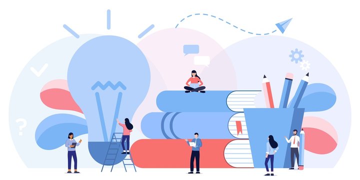 Online learning, choice of language courses, exam preparation, home schooling. Education, training courses and tutorials. Distance studying or e-learning. Flat illustration. Searching for new ideas