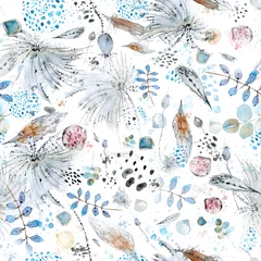 Printed kitchen splashbacks Boho style Vector seamless watercolor and ink abstract pattern of boho elements, feathers, shells, palm twigs, plants, spots and splashes. For cover, wrapping paper and over decor.