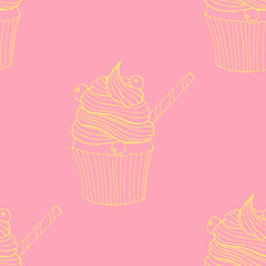 Hand drawn seamless pattern cupcakes with berries and straw. Vector illustration.