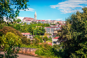 Sunny view of small town Vrsar (Orsera) and St. Martin Catholic Church. Colorful summer scene of ...