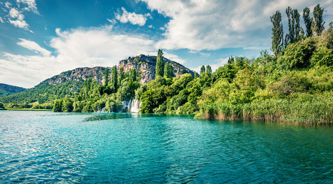 Gorgeous summer view of Krka waterfalls. Bright morning scene of Krka National Park, Roski Slap location, Croatia, Europe. Beautiful world of Mediterranean countries.