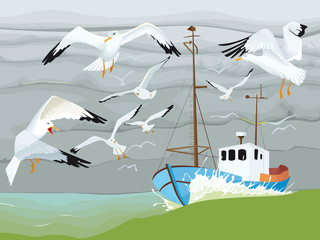 P&ecirc;cheur entour&eacute; par des mouettes