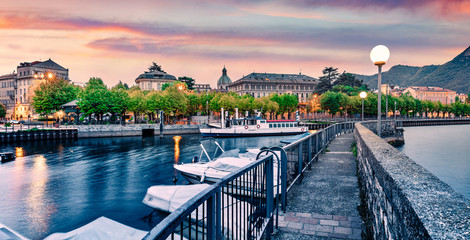 Panoramic morning view of Como city. Magnificent summer scene of Como lake. Wonderful scenic...