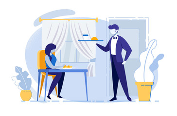 Woman Sitting at Table in Cafe Waiting Order.