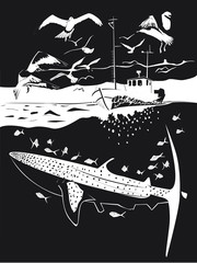 P&ecirc;cheur voguant au-dessus d'un requin baleine