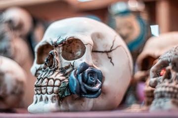 Dia de los muertos, close up of traditional decorative skulls. Mexican folklore, hispanic vibes,...