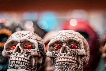 Dia de los muertos, close up of traditional decorative skulls. Mexican folklore, hispanic vibes,...