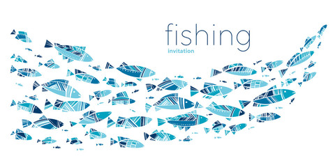 Blue school fish on white background - obrazy, fototapety, plakaty