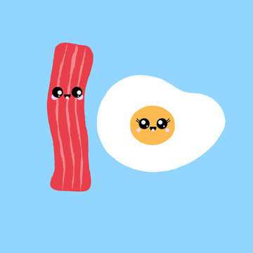 Vector illustration of a cute rasher of bacon and fried egg with happy faces. Funny food concept.