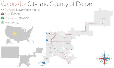 Large and detailed map of  city & county of Denver in Colorado, USA