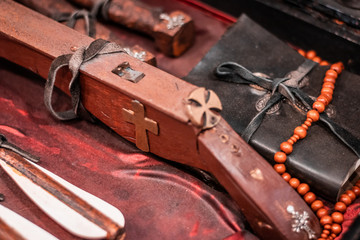 Deamon and vampire kit. Sacred tools for killing evil, hunters of God gear. Fantasy and halloween themes. Winter 2019. Exorcism manual.