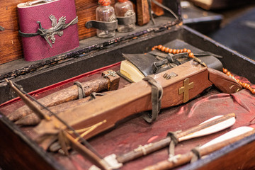 Deamon and vampire kit. Sacred tools for killing evil, hunters of God gear. Fantasy and halloween themes. Winter 2019.