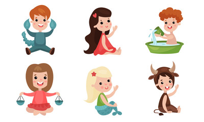 Zodiac Signs By Kids Vector Illustration Icons Set Isolated On White Background