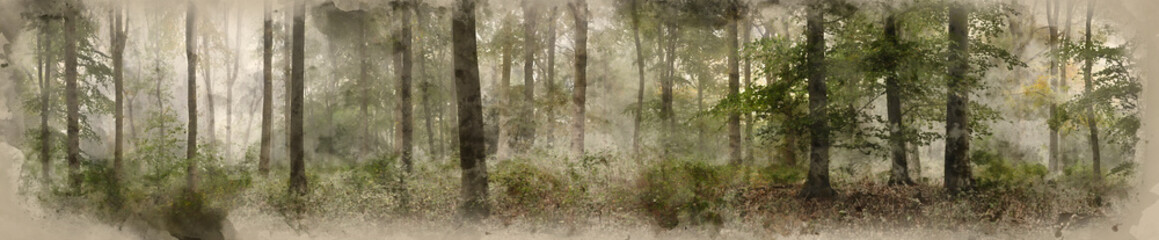 Digital watercolor painting of Panorama landscape image of Wendover Woods on foggy Autumn Morning. - obrazy, fototapety, plakaty