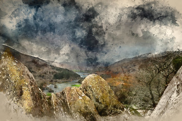 Digital watercolor painting of Winter landscape image of the view from Crimpiau and The Pinnacles towards Llynnau Mymbyr and snowcapped Snowdon in the distance