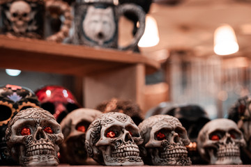Dia de los muertos, close up of traditional decorative skulls. Mexican folklore, hispanic vibes,...