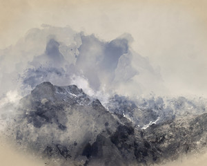 Digital watercolor painting of Stunning moody dramatic Winter landscape image of snowcapped Y Garn mountain in Snowdonia