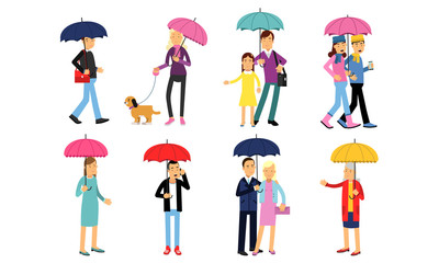 Set Of Vector Illustrations With People Of Different Ages With Umbrellas