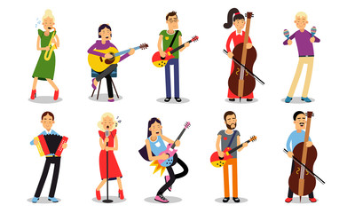Naklejka premium Set With Musicians Playing Different Instruments Illustrations Isolated On White Backround