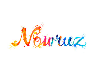 Spring holiday Nowruz. Rainbow splash paint. Vector word of calligraphic letters
