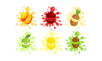 Set Of Colorful Fruit Cut To Pieces In The Air Vector Illustrations