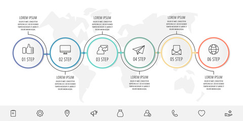 Modern vector infographic flat line template circles for six label, diagram, graph, presentation. Business concept with 6 options and arrows. For content, flowchart, timeline, workflow, marketing