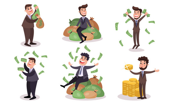 Vector Illustrations Set Concept Of Obsession Of Money Vector Cartoon Character