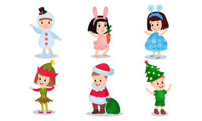 Vector Illustration Set Of Kids In Christmas Costumes Isolated On White Background